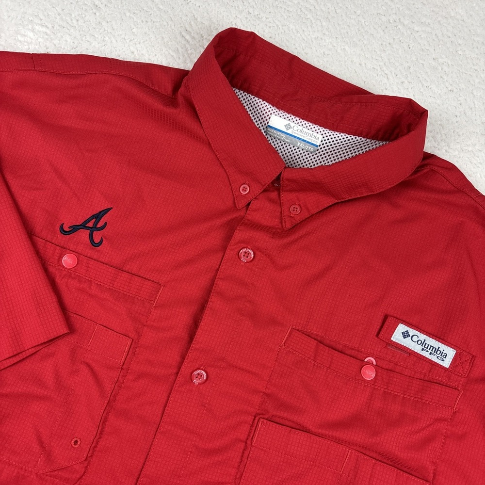 ATLANTA BRAVES x COLUMBIA Mens Short Sleeve Shirt 2XL Red Button Tamiami Wicking